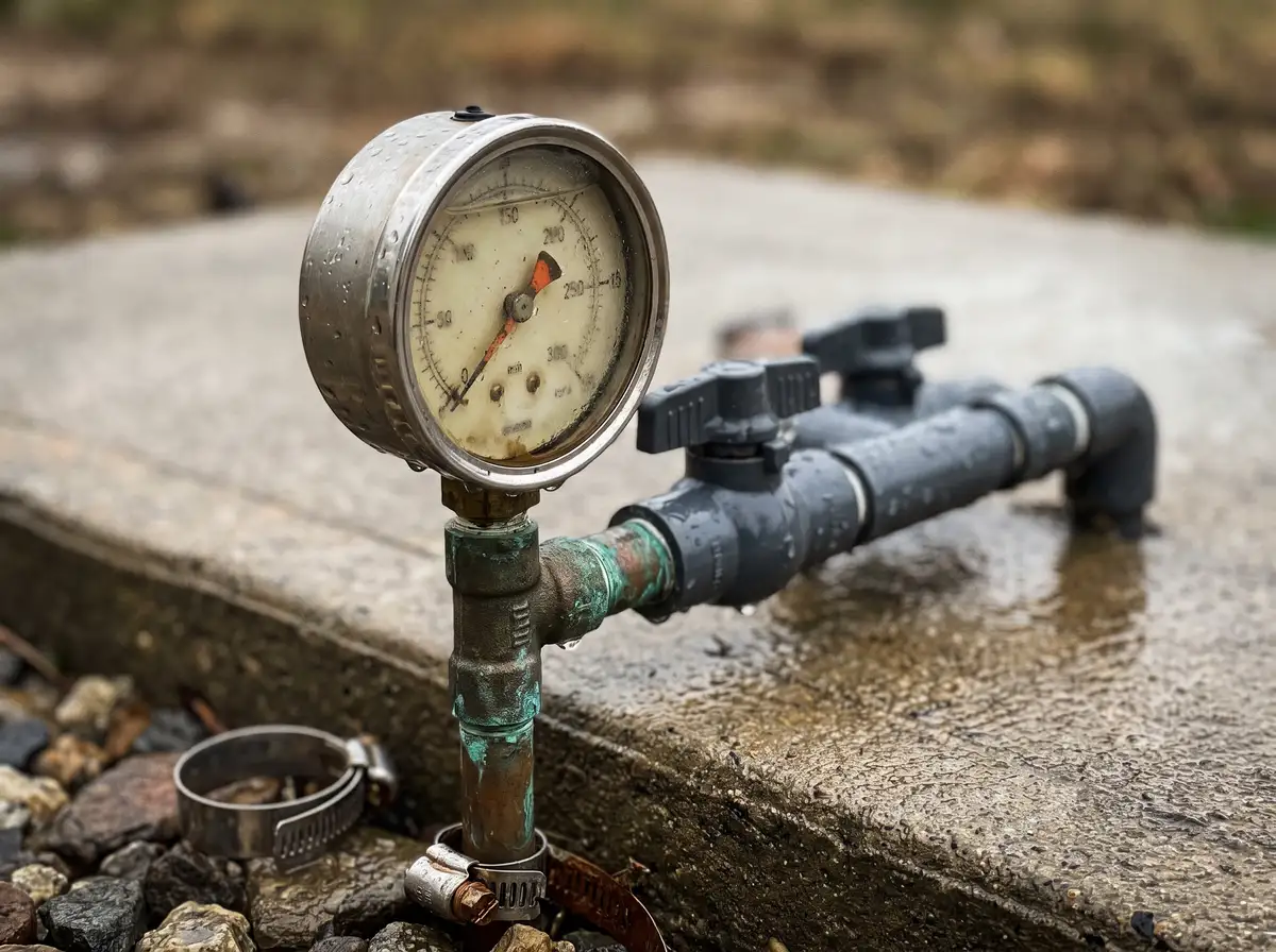 Illustrated close-up of pool service equipment at an outdoor equipment pad: a pressure gauge and valve manifold with wet fittings, a thin sunlit waterline band at the base of the frame.